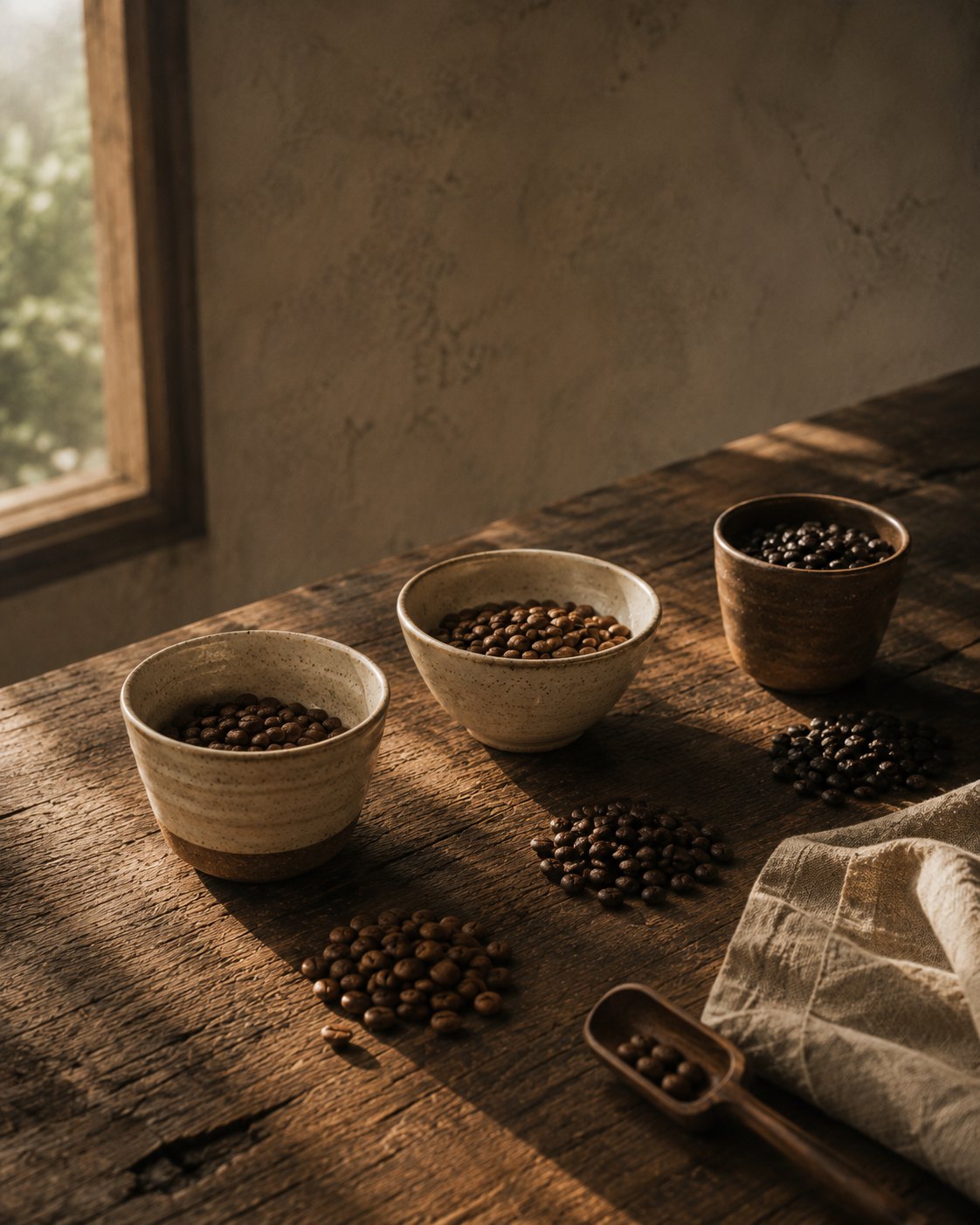 A curated selection of whole coffee beans in ceramic bowls